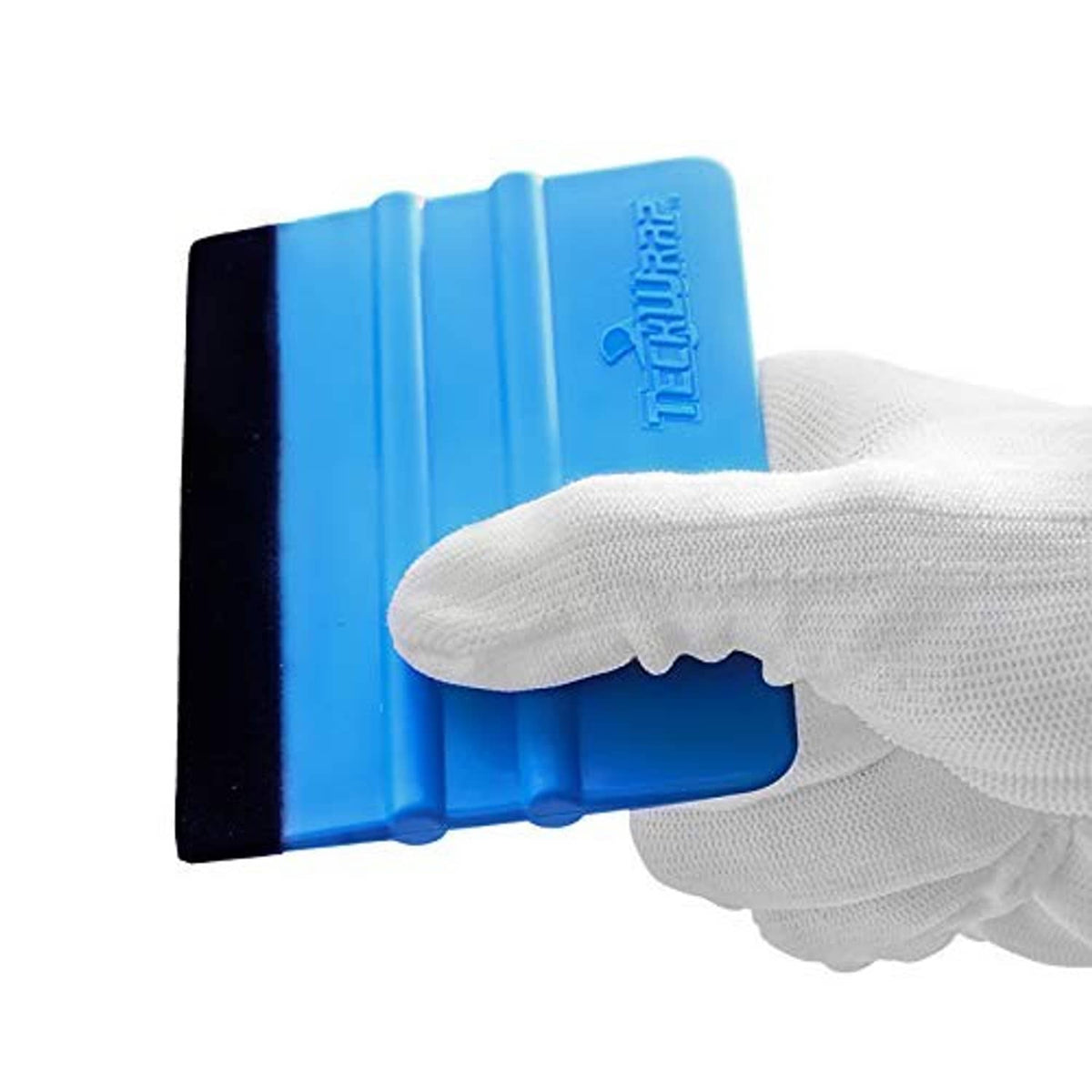 Blue felt-edge squeegee with black felt strip, held by a gloved hand