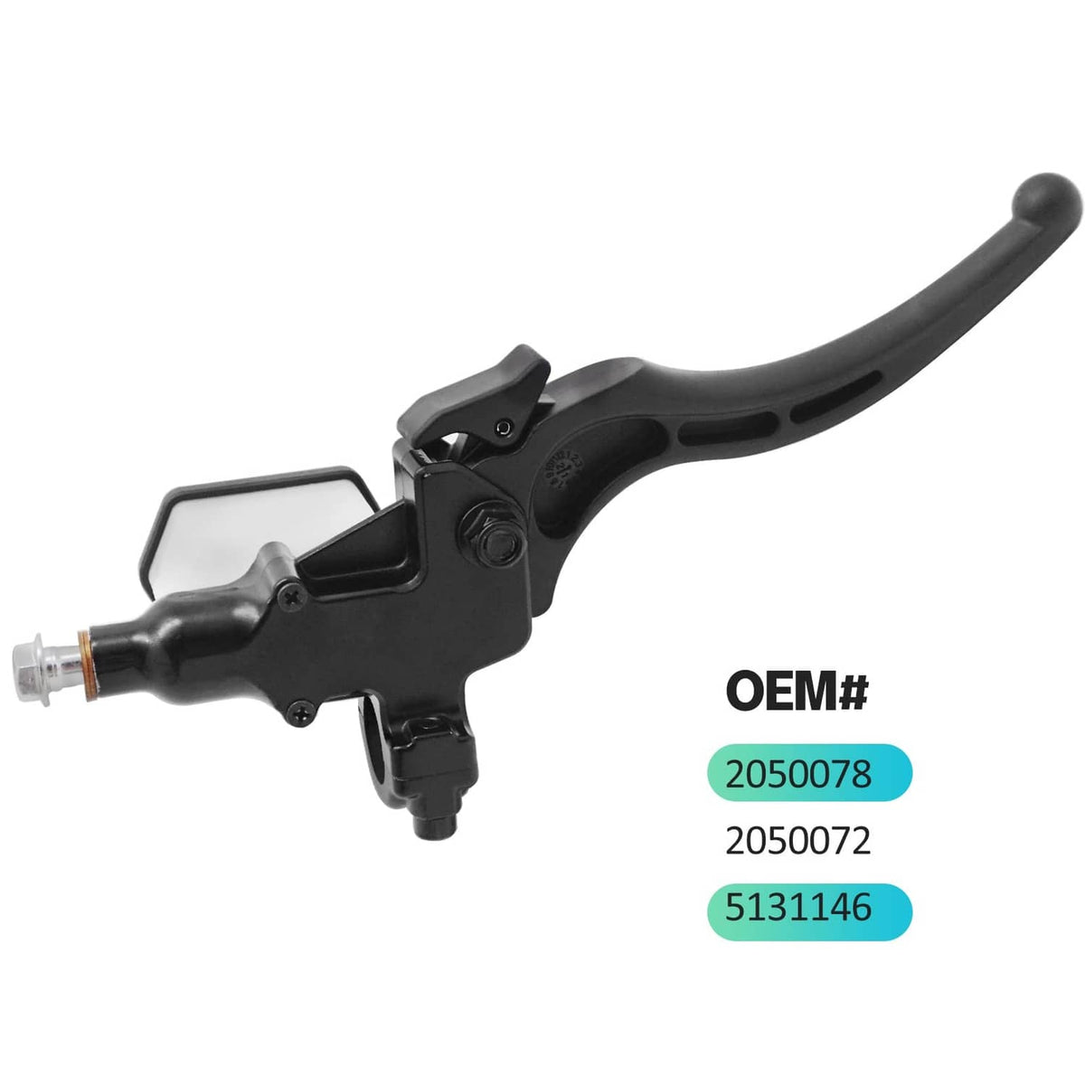 Front brake master cylinder assembly with black lever and white reservoir housing