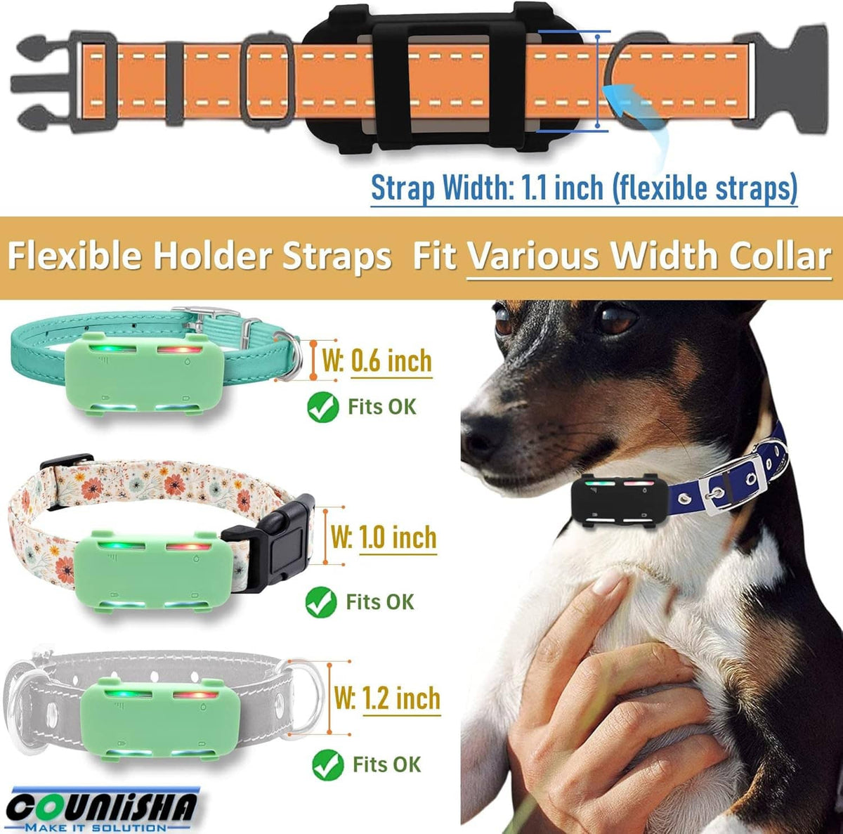 Silicone tracker holder with flexible collar straps in multiple widths