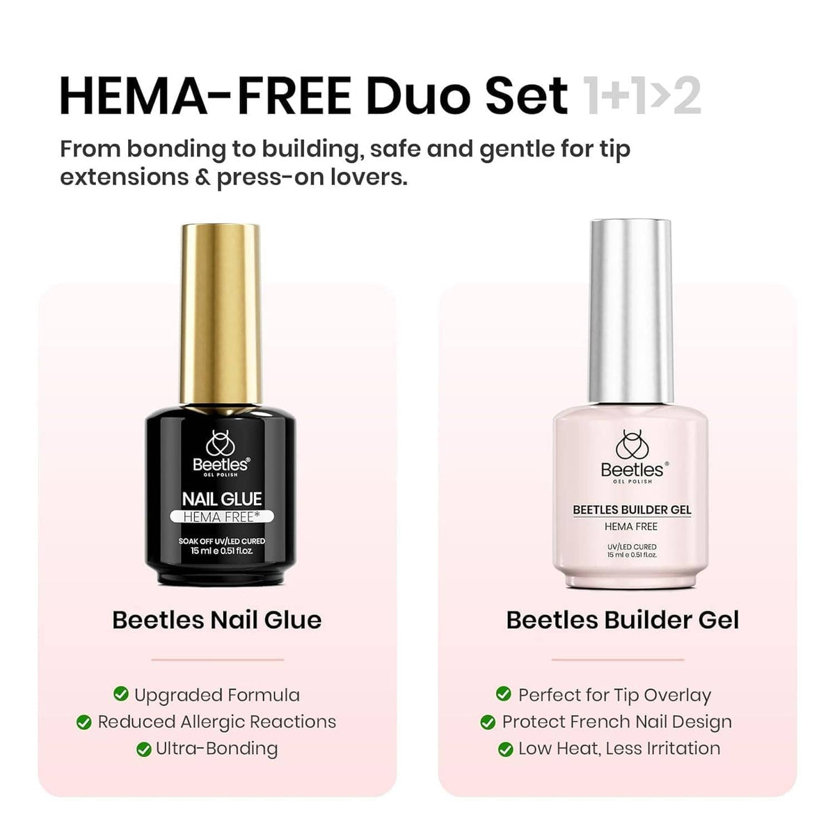 HEMA-free nail glue and builder gel duo set in bottles with gold and silver caps