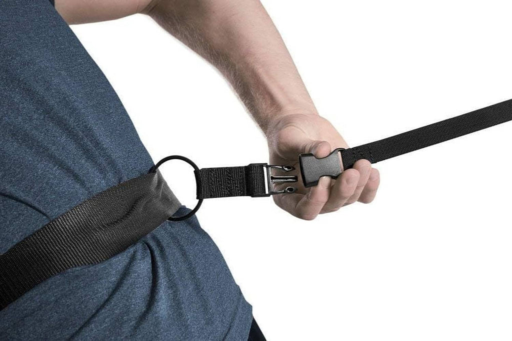 Black waist belt with buckle for attaching the parachute resistance chute
