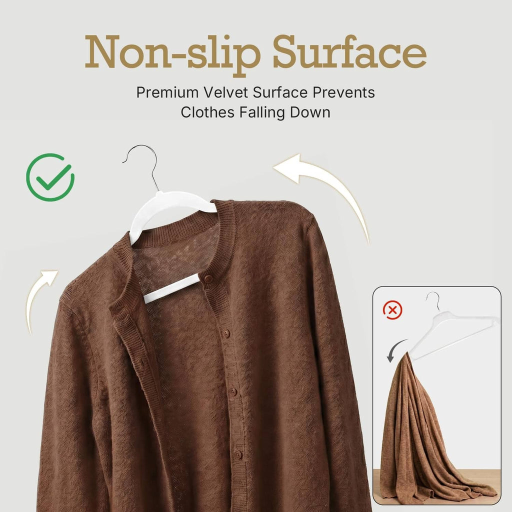 Non-slip velvet hanger holding a shirt; smooth curved hook for steady, secure hanging