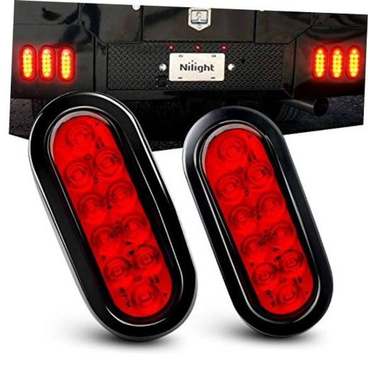 Two oval red LED trailer tail lights mounted on vehicle rear, illuminated
