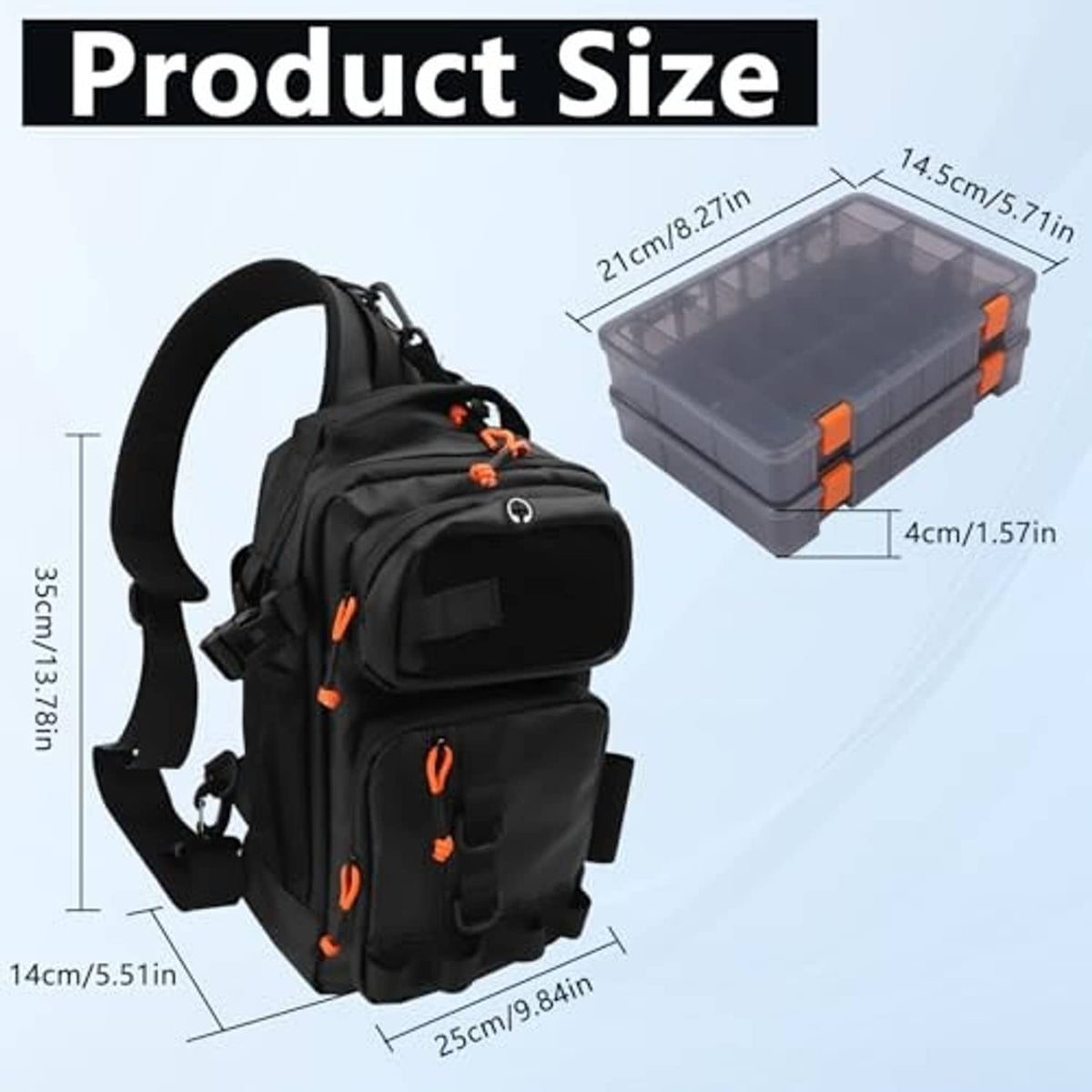 Black fishing sling backpack with included tackle box and multiple front pockets
