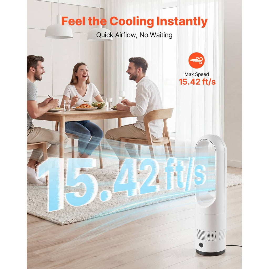 White bladeless tower fan with blue airflow stream shown, standing on base.