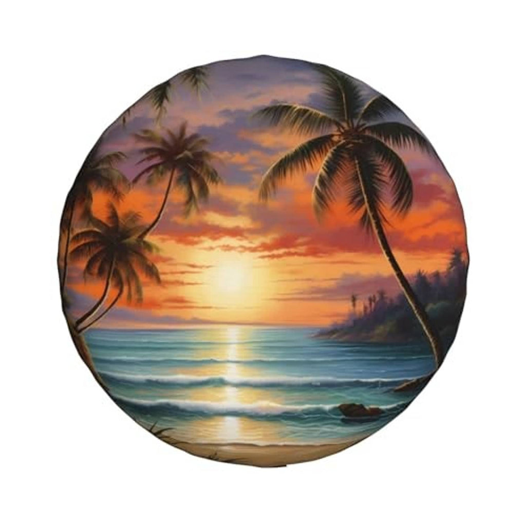 Round spare tire cover featuring a beach sunset, tropical palm trees, and black border