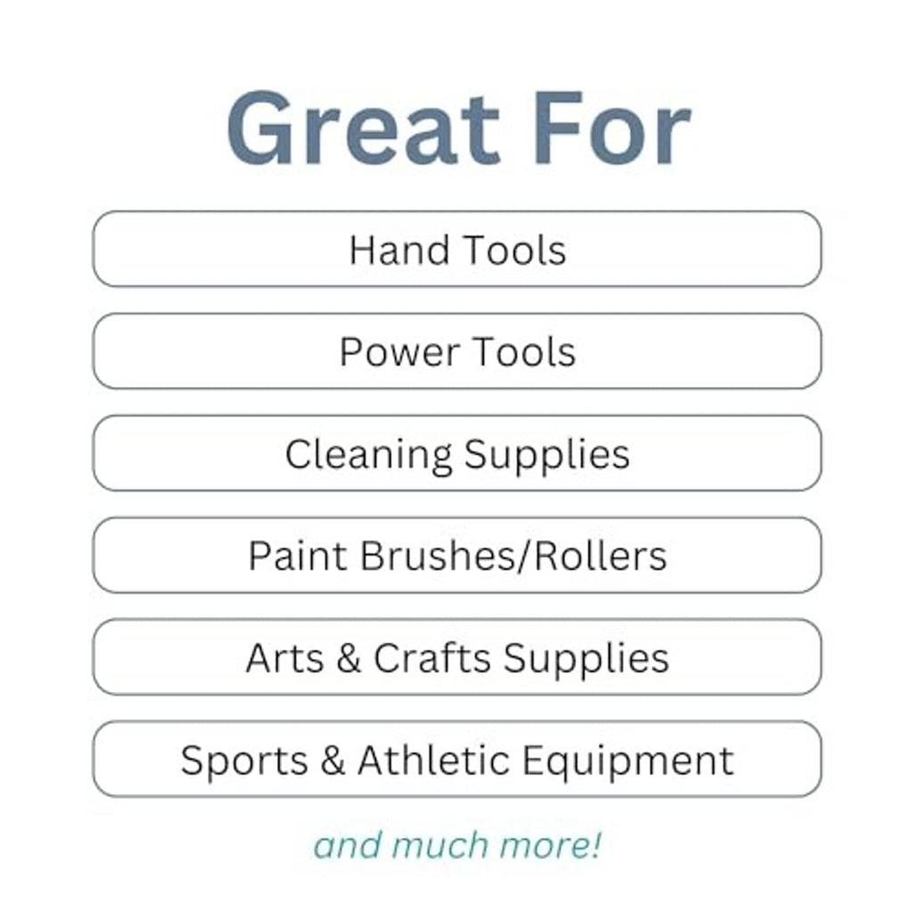 Hook organizer graphic listing compatible items like hand tools and cleaning supplies