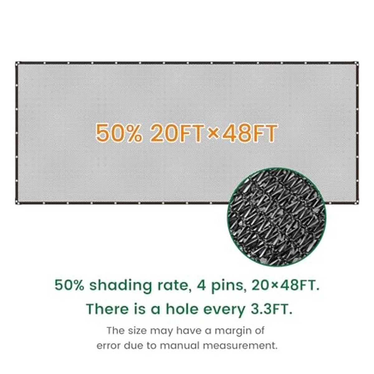 Rectangular dark shade cloth panel with printed size and shading information and grommets
