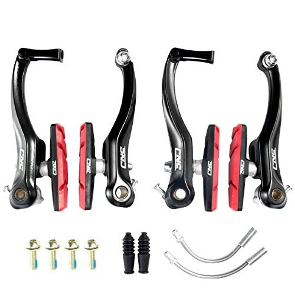 V-brake set with two black calipers, red pads, bolt set, and cable housing