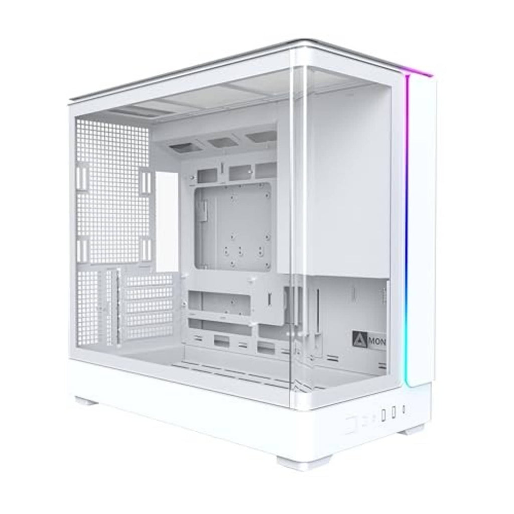 White micro-ATX PC case with curved panoramic glass window and open internal frame