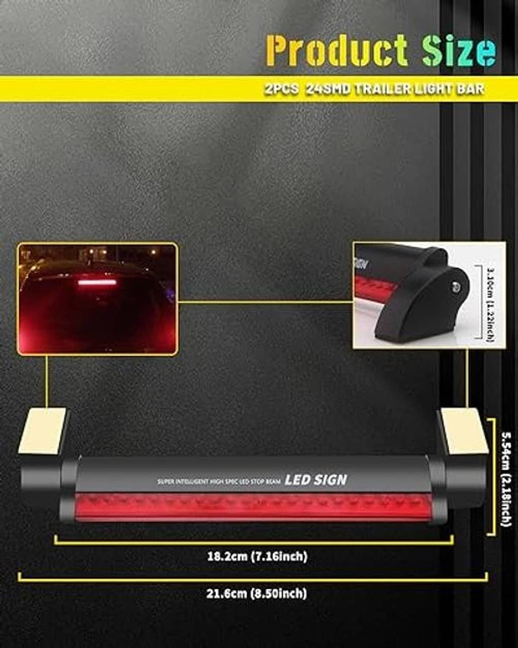 Two-piece LED third brake light set with red LED strip and black mounting bars