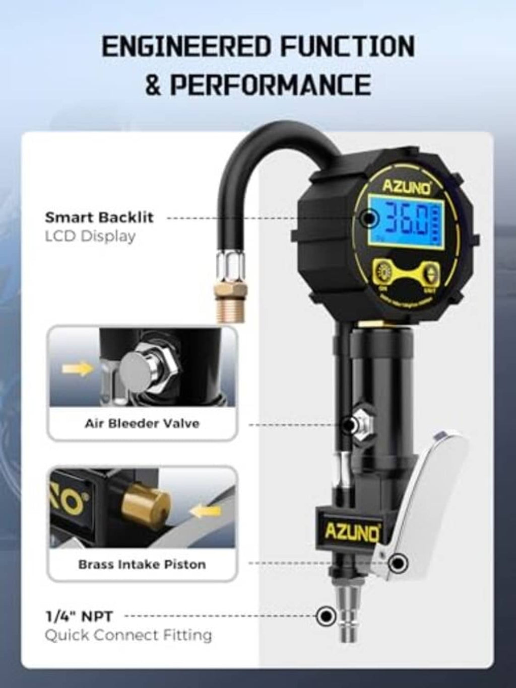 Digital tire inflator gauge with brass intake piston, black hose and protective housing