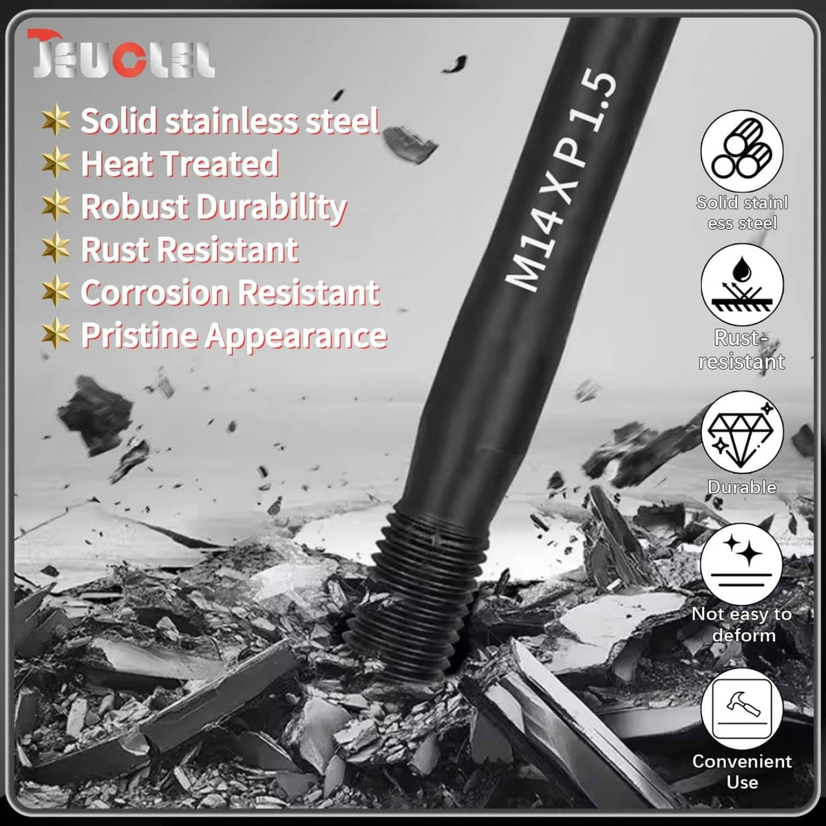 Stainless steel wheel alignment pin with M14 x 1.5 thread and textured handle