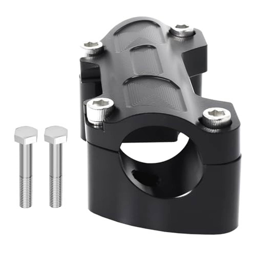Black handlebar riser top clamp with central bar opening and four tightening bolts