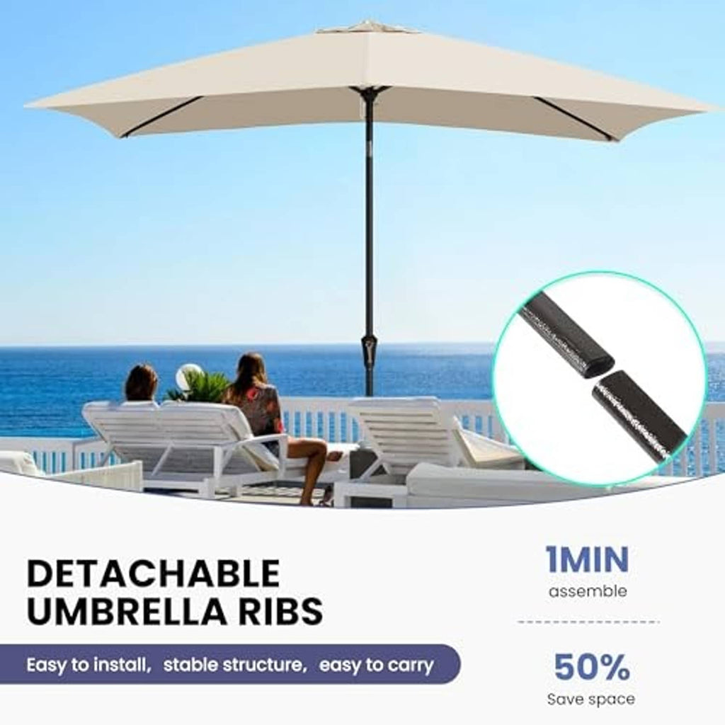 Beige rectangular patio umbrella with open canopy and detachable ribs shown