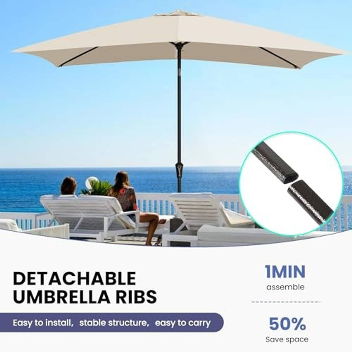 Beige rectangular patio umbrella with open canopy and detachable ribs shown