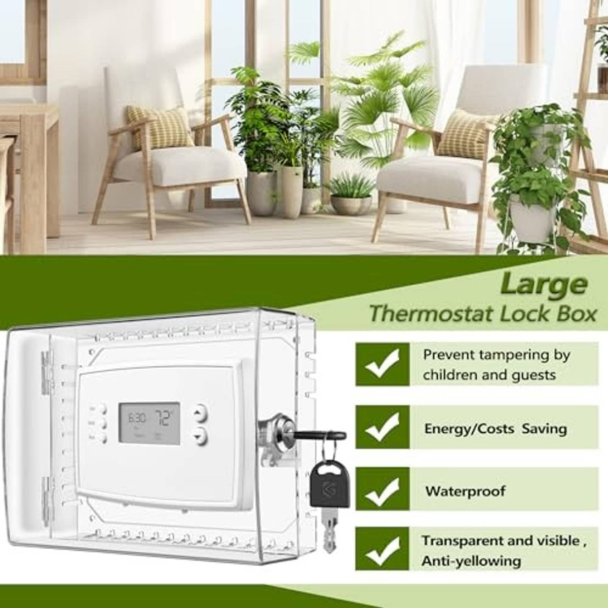 Large clear thermostat lock box with blue display and hanging key lock