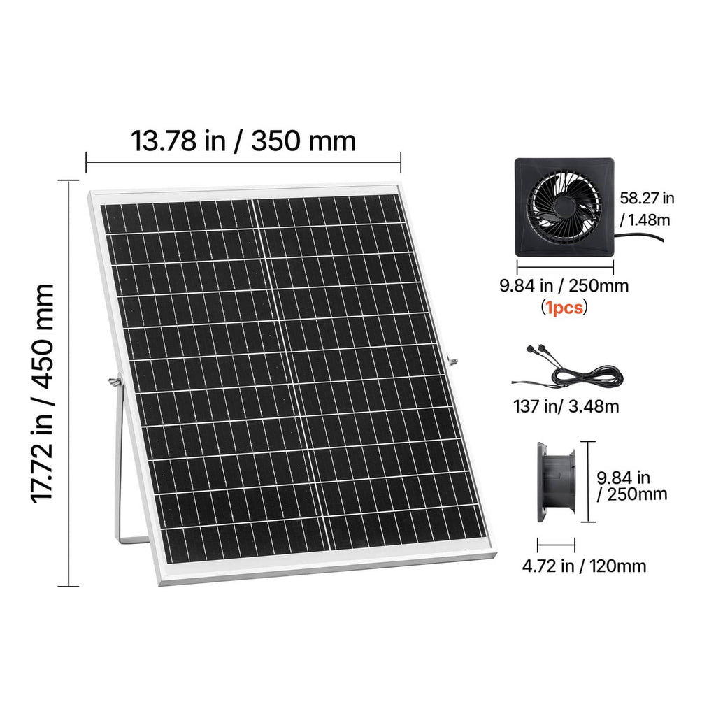 Solar panel and fan dimension diagram with power cable length and fan size labels