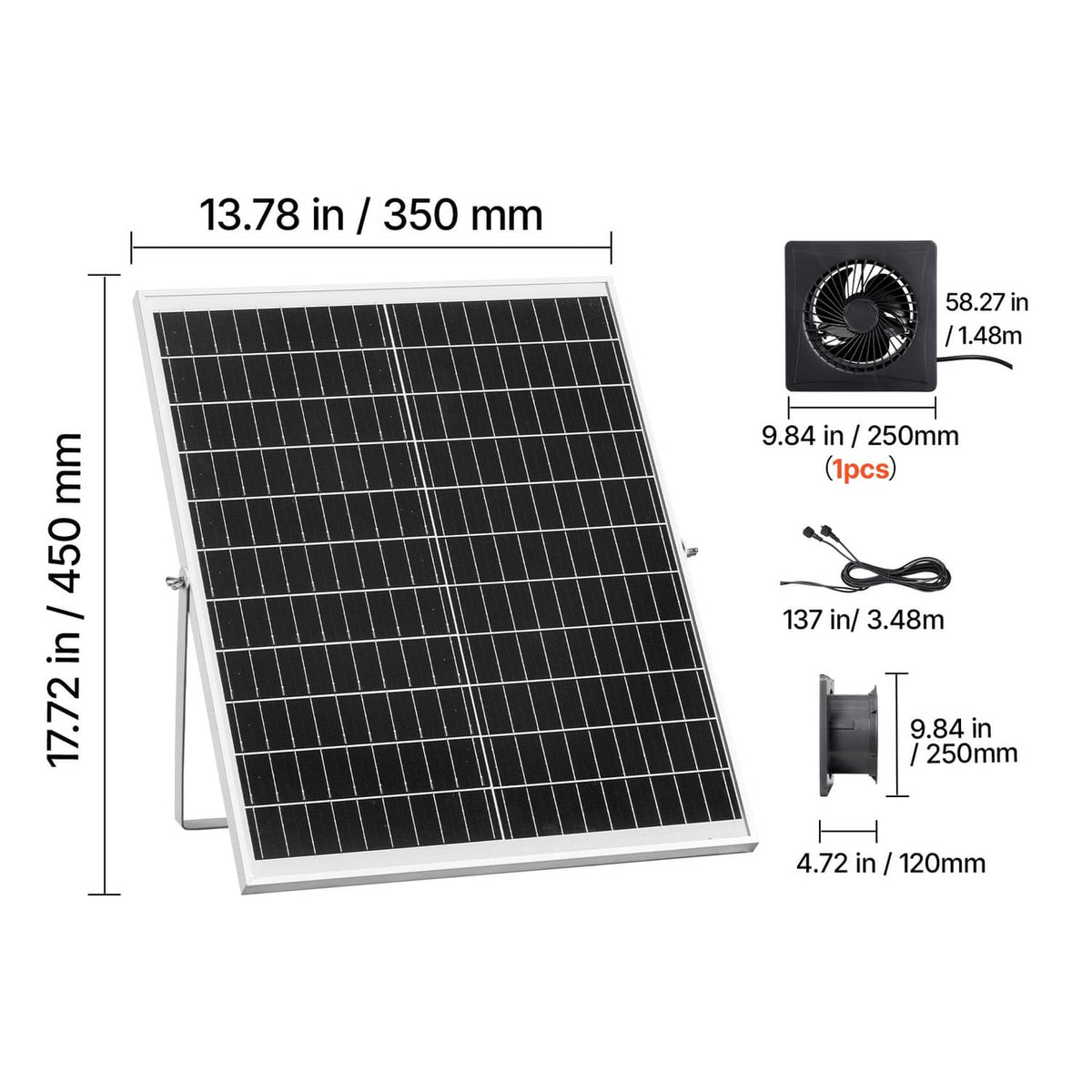 Solar panel and fan dimension diagram with power cable length and fan size labels