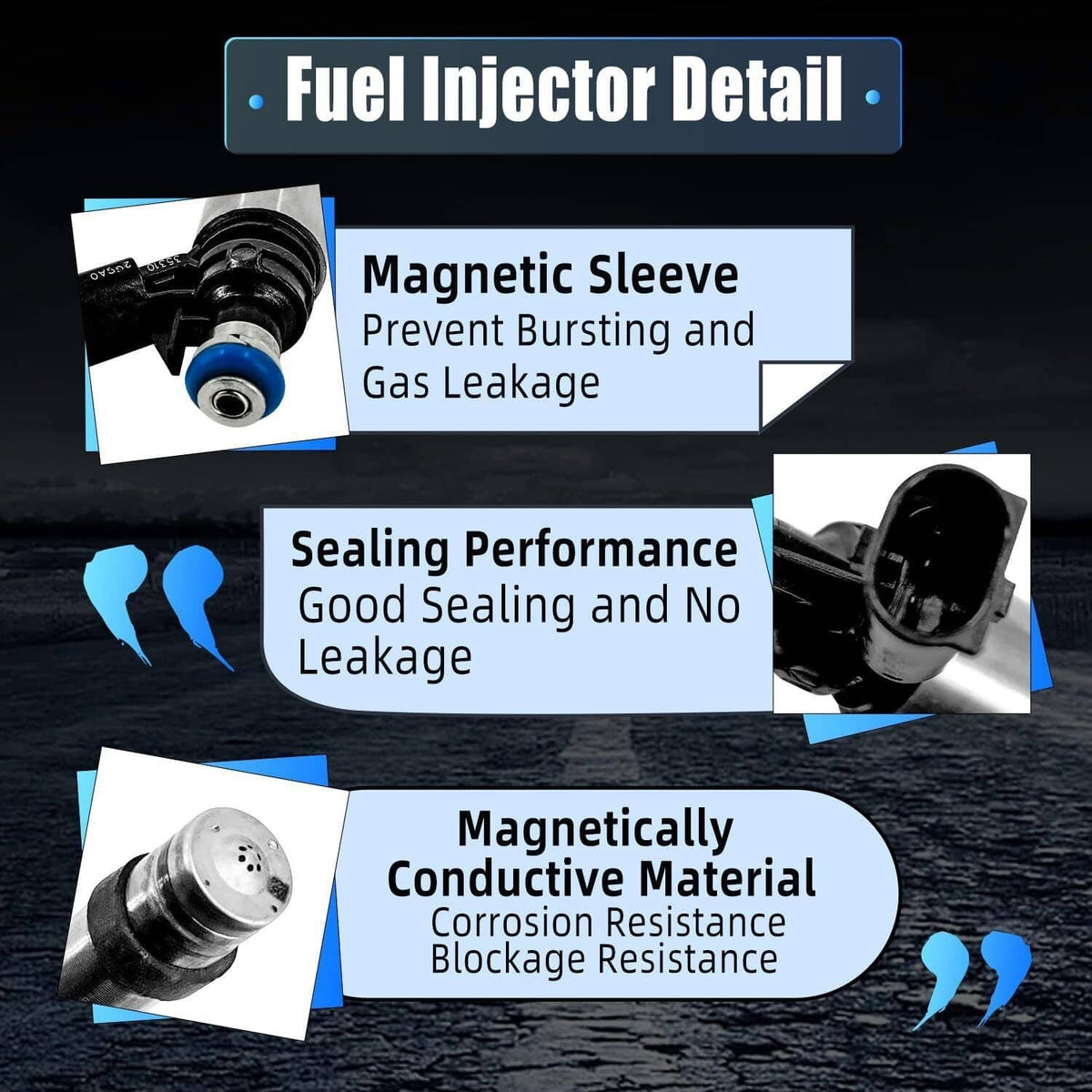 Fuel injector with blue O-ring and silver body, shown with connector and tip detail