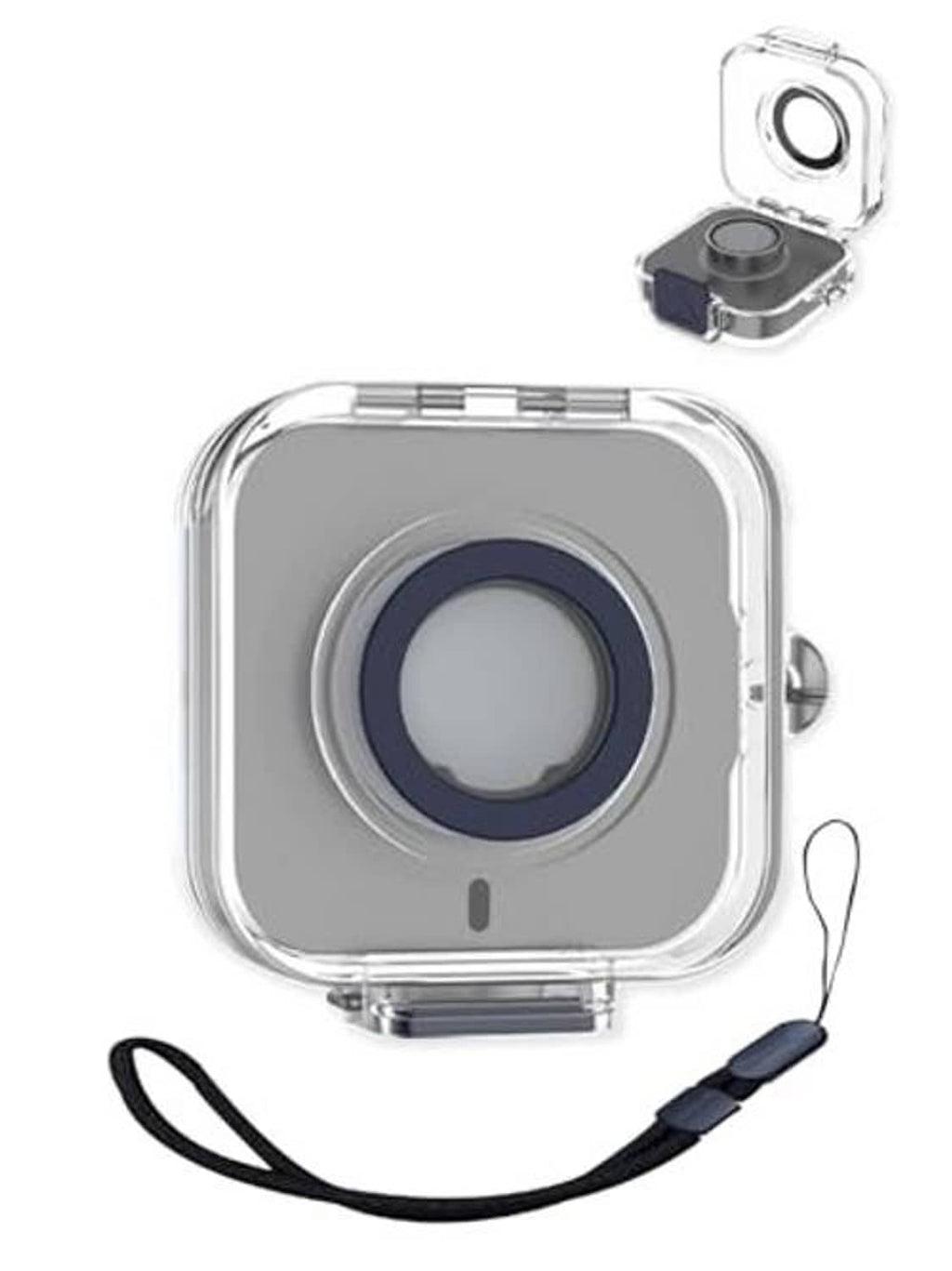 Clear shockproof charger case with blue circular insert and lanyard strap, open lid