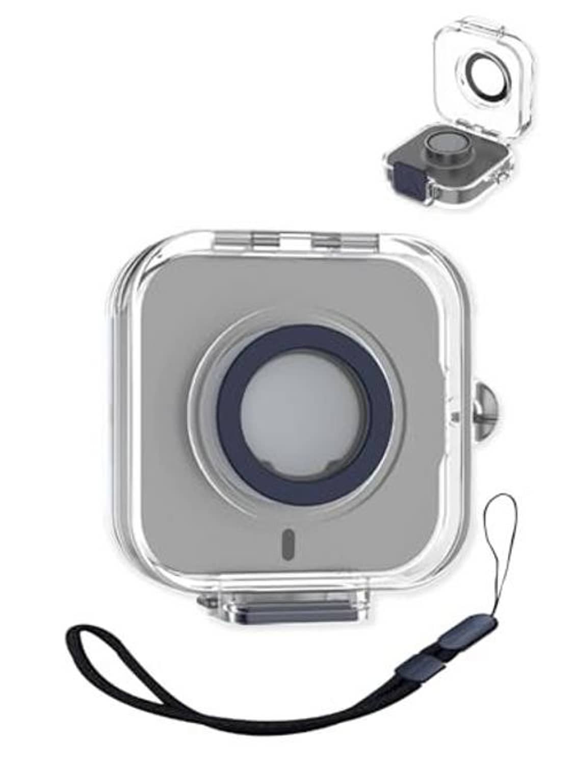 Clear shockproof charger case with blue circular insert and lanyard strap, open lid