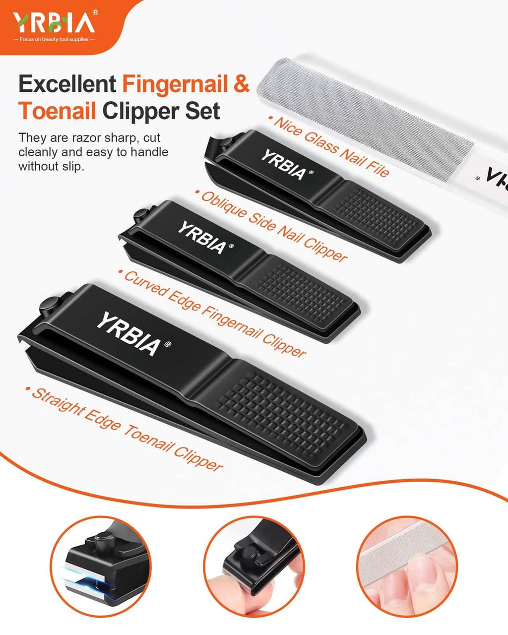 Nail clipper set with curved, straight, and oblique edges plus glass nail file