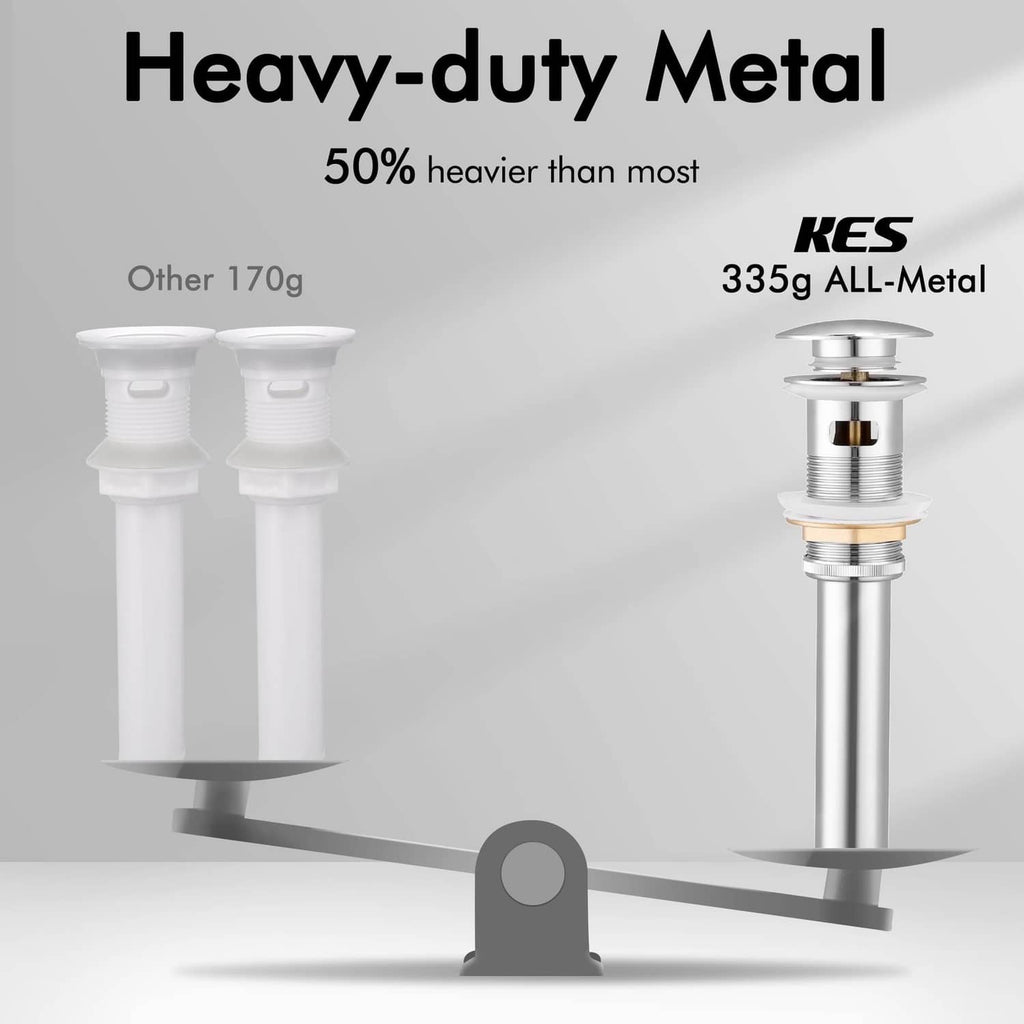 Pop-up sink drain with overflow, all-metal construction comparison