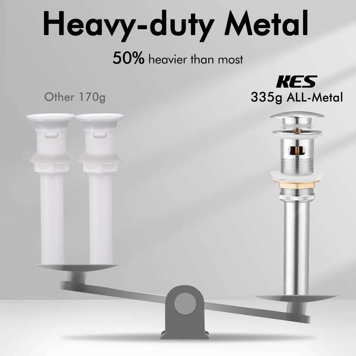 Pop-up sink drain with overflow, all-metal construction comparison