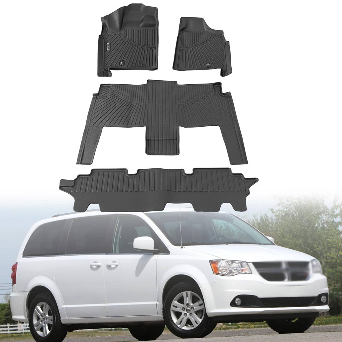 All-weather rubber floor mat set with molded contours, ridges, and center divider cutout