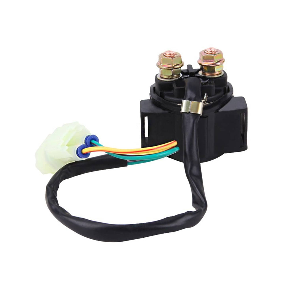 Starter relay solenoid with black base, two top terminals, and colorful wire harness