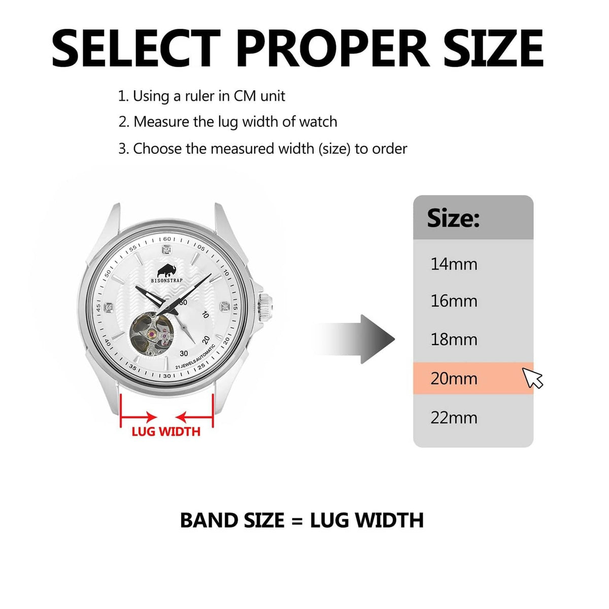 Metal mesh watch band size guide graphic with lug-width measurement