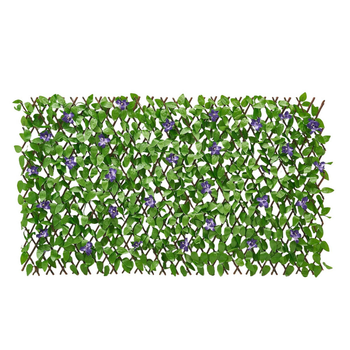 Artificial ivy privacy screen panel with green foliage and purple orchid-style flowers