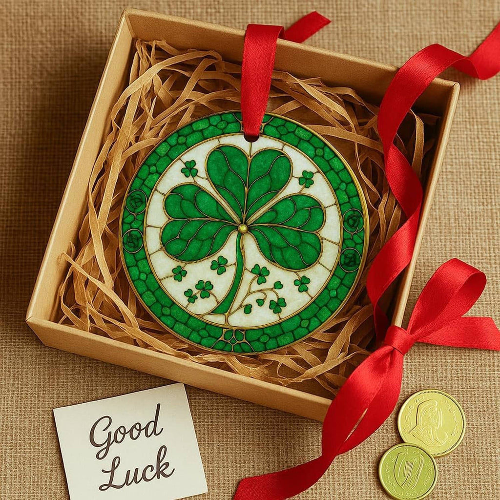 Shamrock ceramic ornament in gift box with red ribbon, green clover tree design