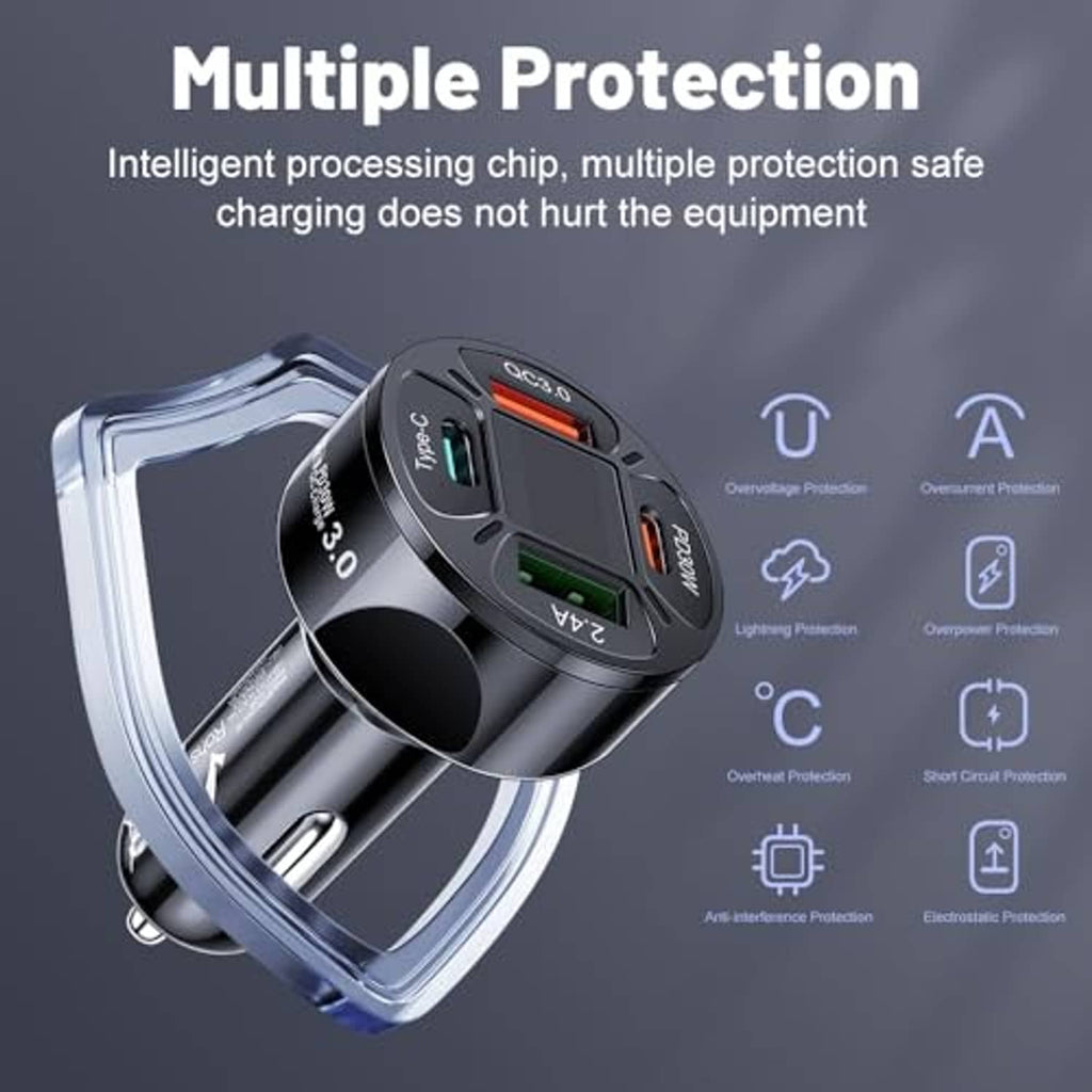 Black car USB-C charger with compact multi-port body and protective design