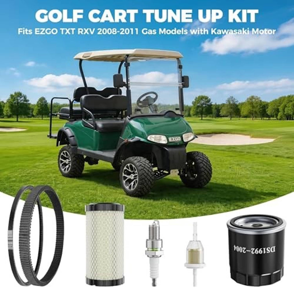 Golf cart tune-up kit with drive belt, air filter, oil filter, and spark plugs