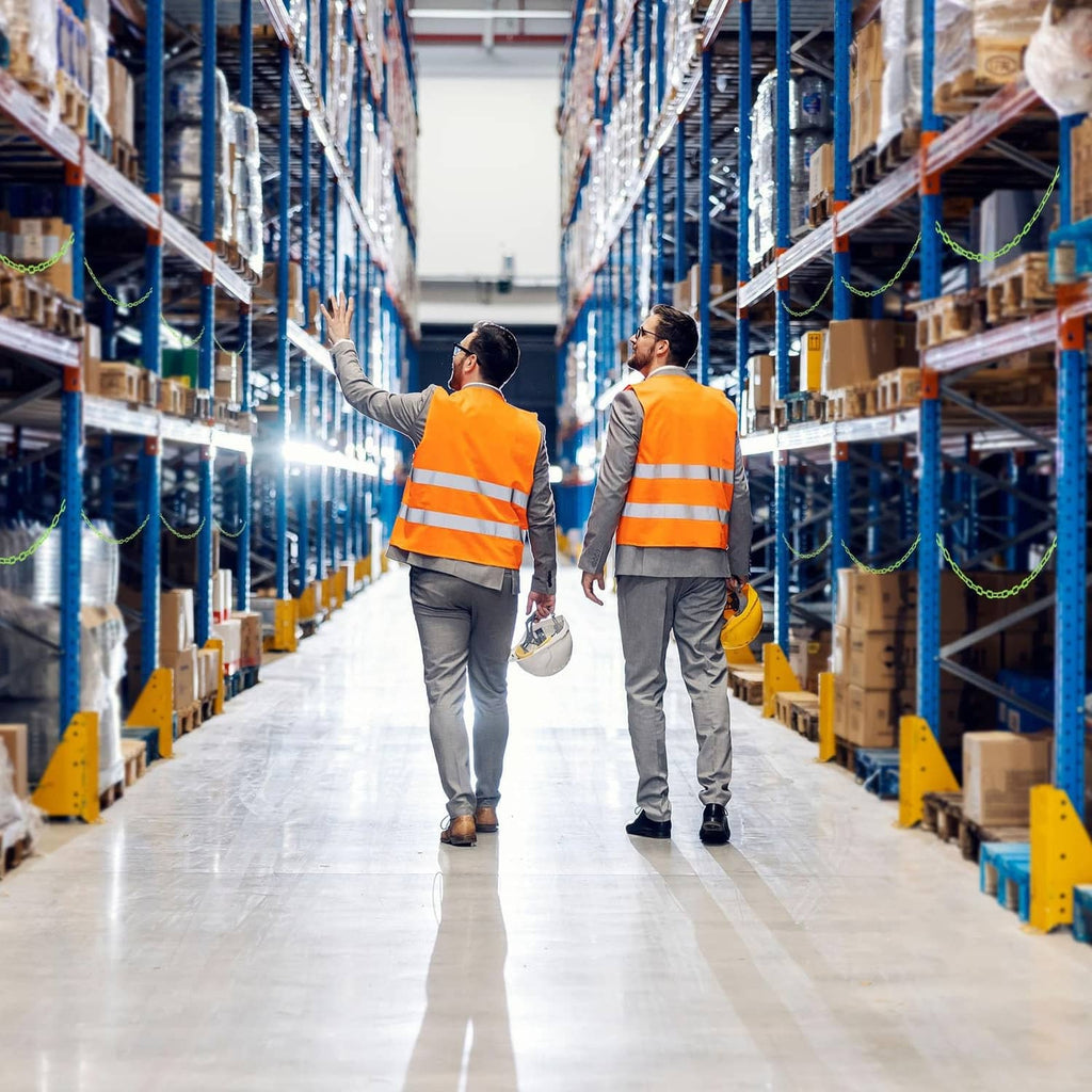 Plastic chain links used to mark warehouse aisle boundaries