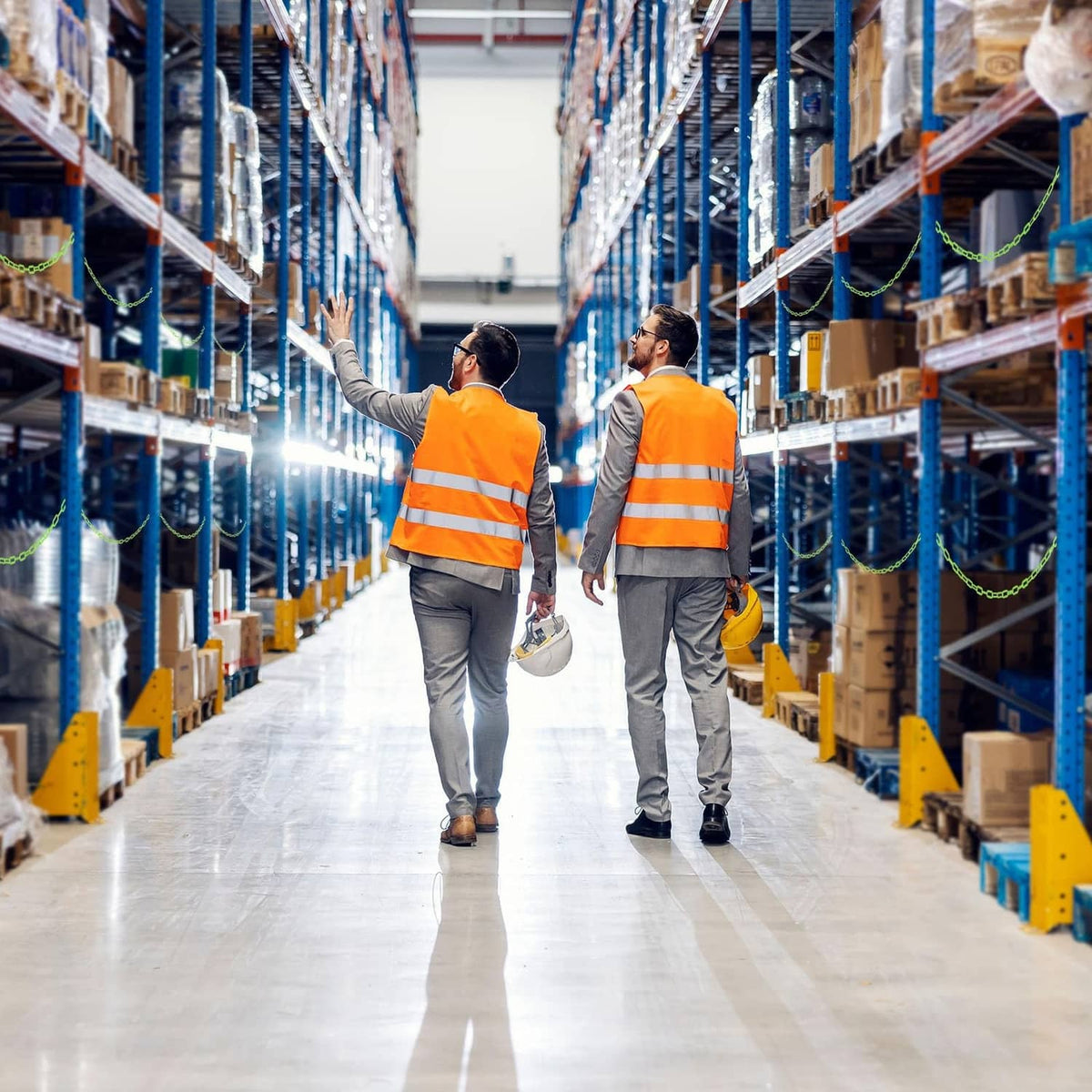 Plastic chain links used to mark warehouse aisle boundaries
