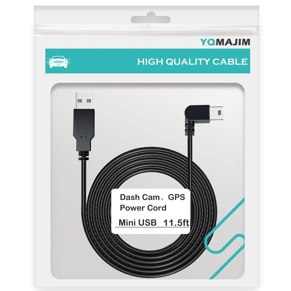 Mini USB 11.5 ft dash cam GPS power cord, coiled black cable shown in retail pack
