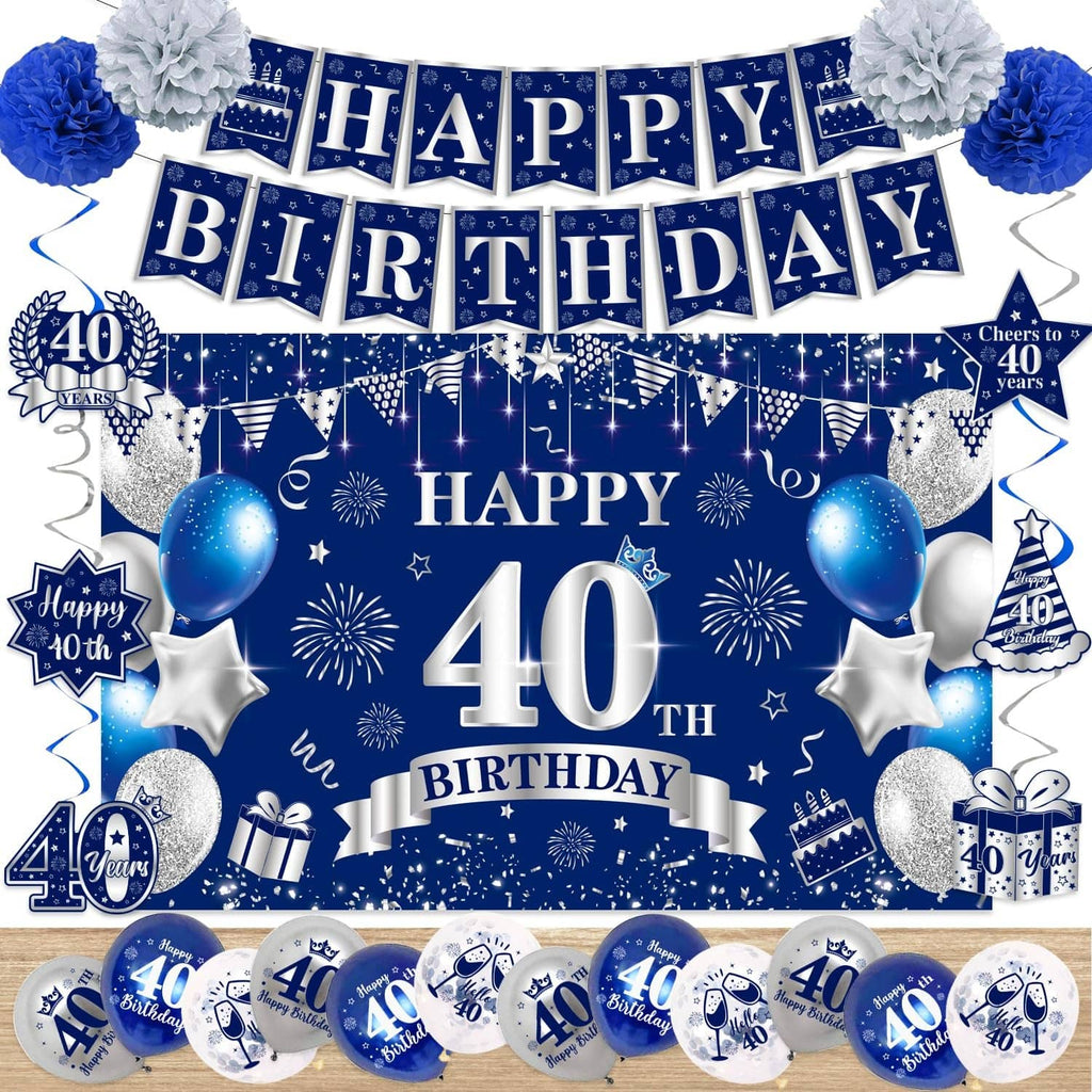 Blue and silver 40th birthday banner, backdrop, star cutouts, and balloons