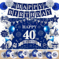 Blue and silver 40th birthday banner, backdrop, star cutouts, and balloons