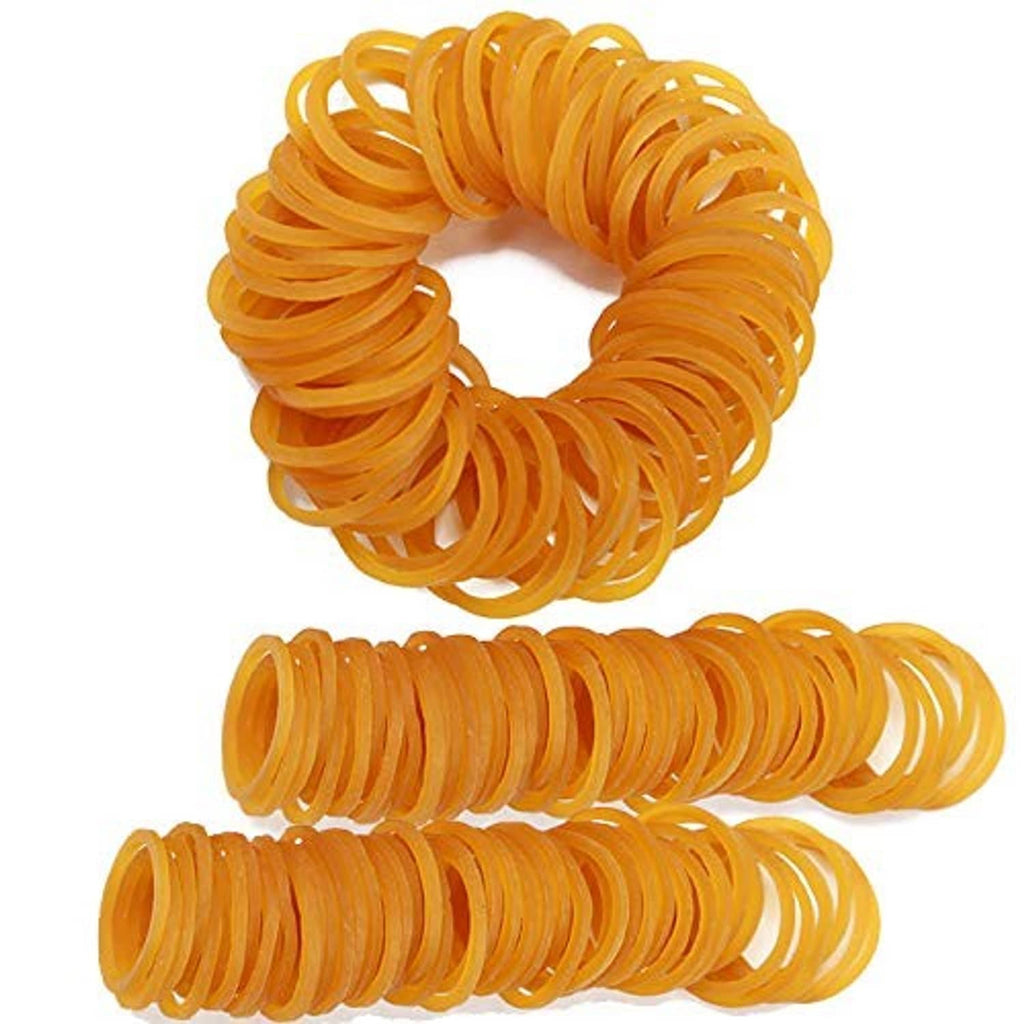 Yellow mini rubber bands in a circular coil and stacked bands