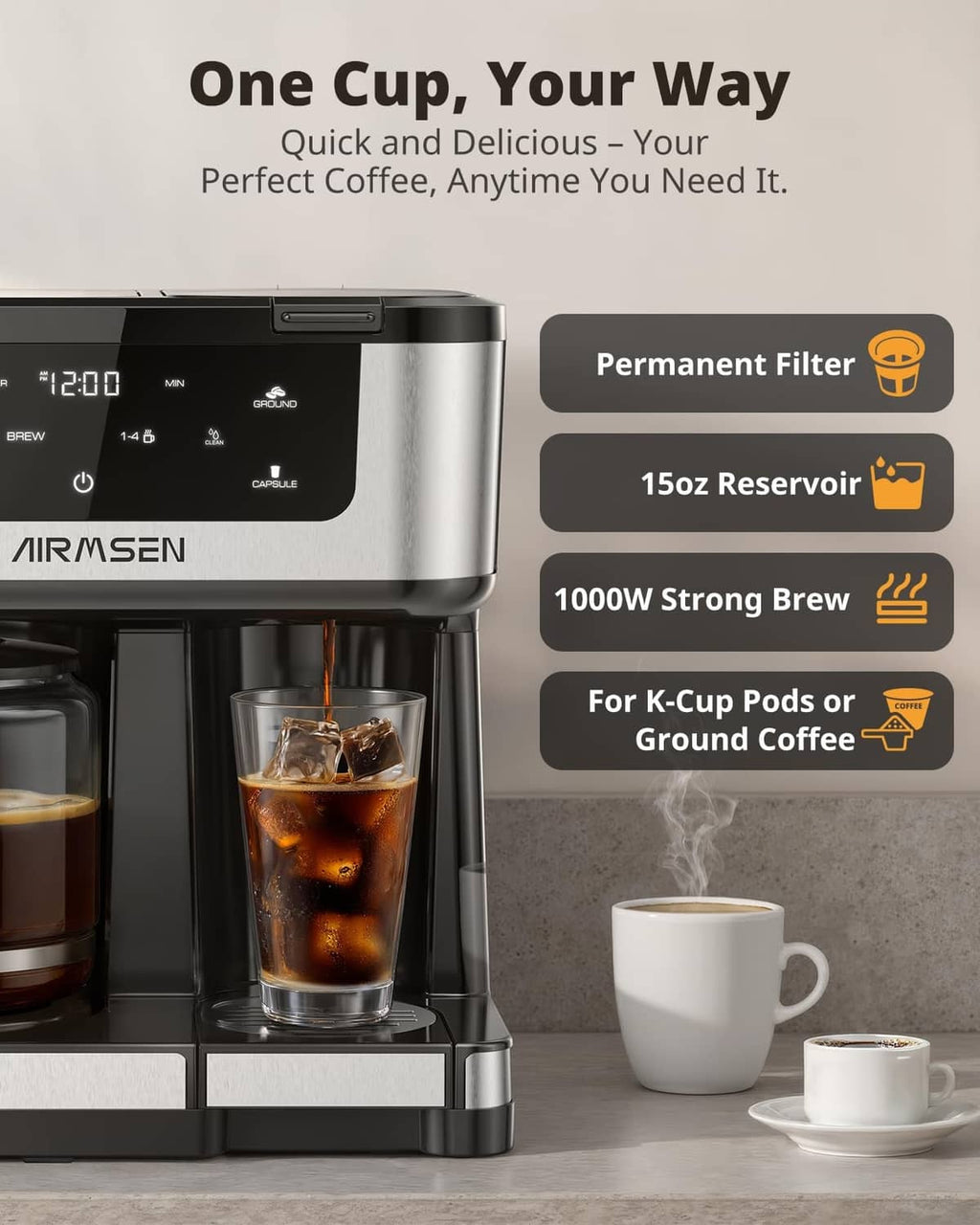 AIRMSEN dual coffee maker with single-serve glass cup and ground coffee funnel
