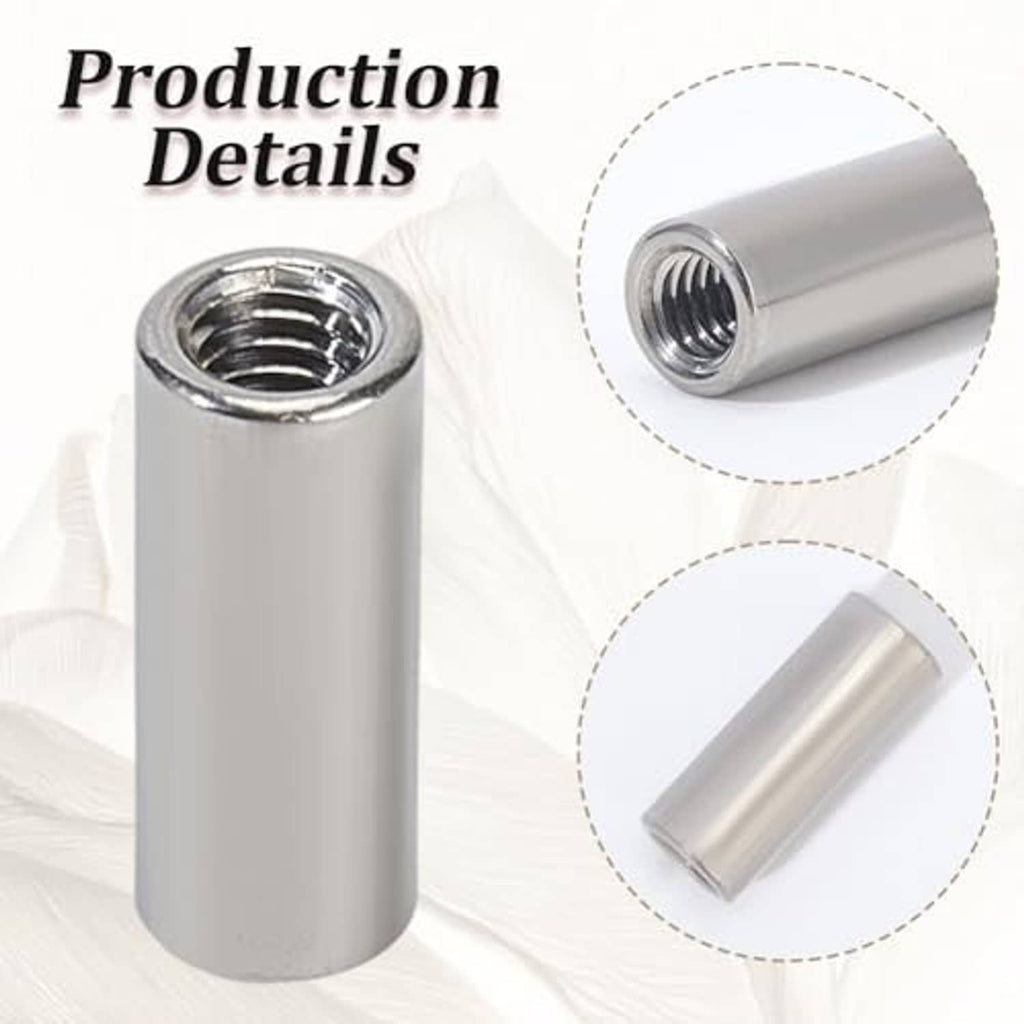 Silver stainless steel round connector nuts with internal threads, cylindrical