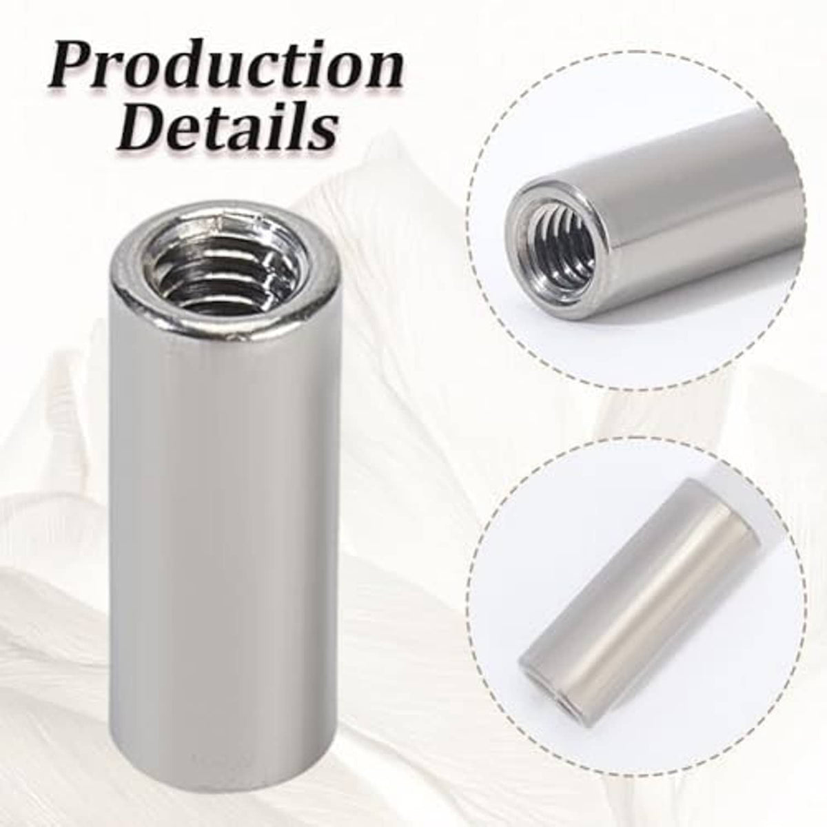 Silver stainless steel round connector nuts with internal threads, cylindrical