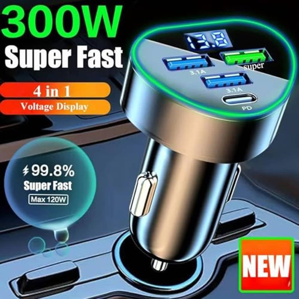 Car USB C multi-port charger with green-lit ring, voltage digits, and four ports
