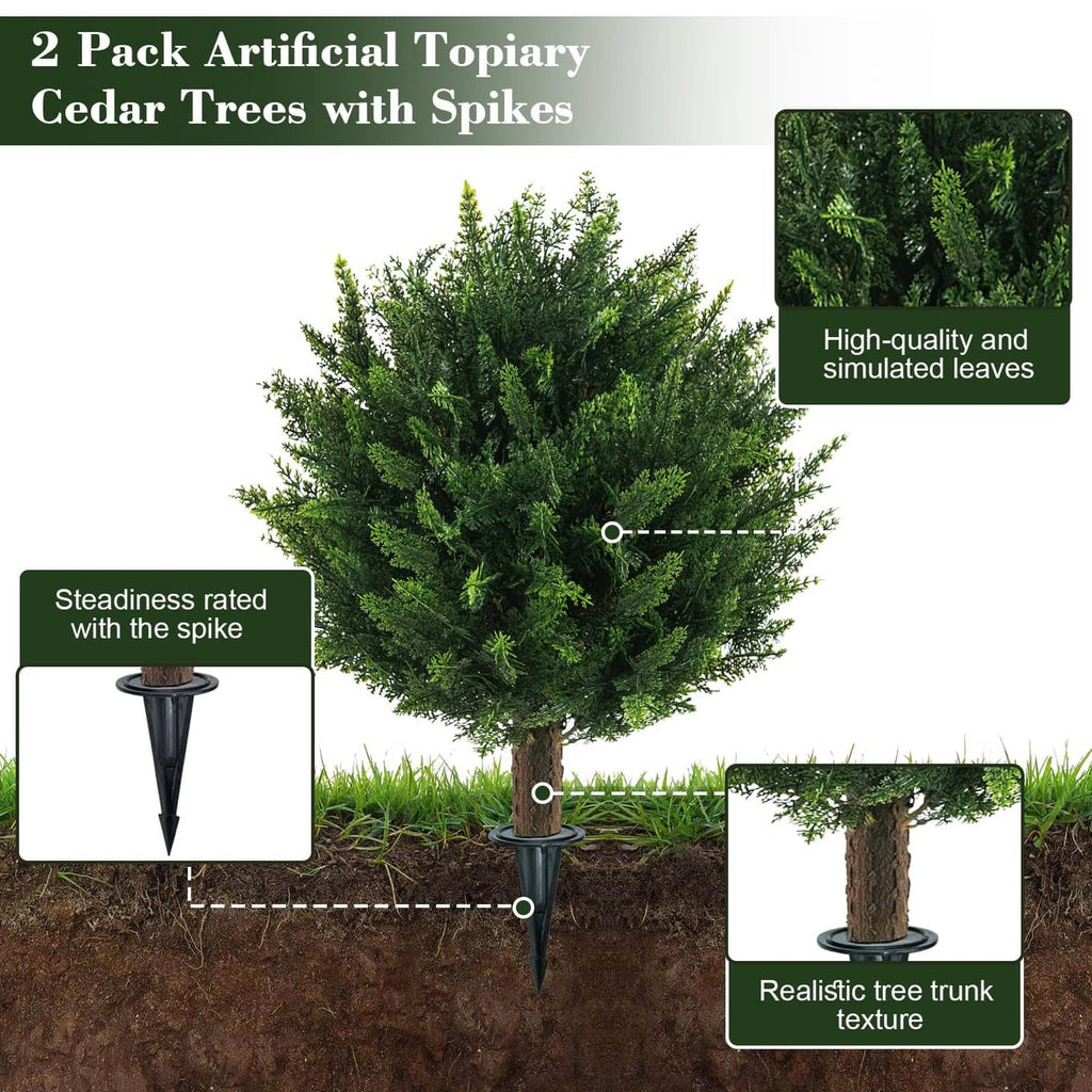 Artificial topiary cedar tree with realistic trunk texture and ground spike