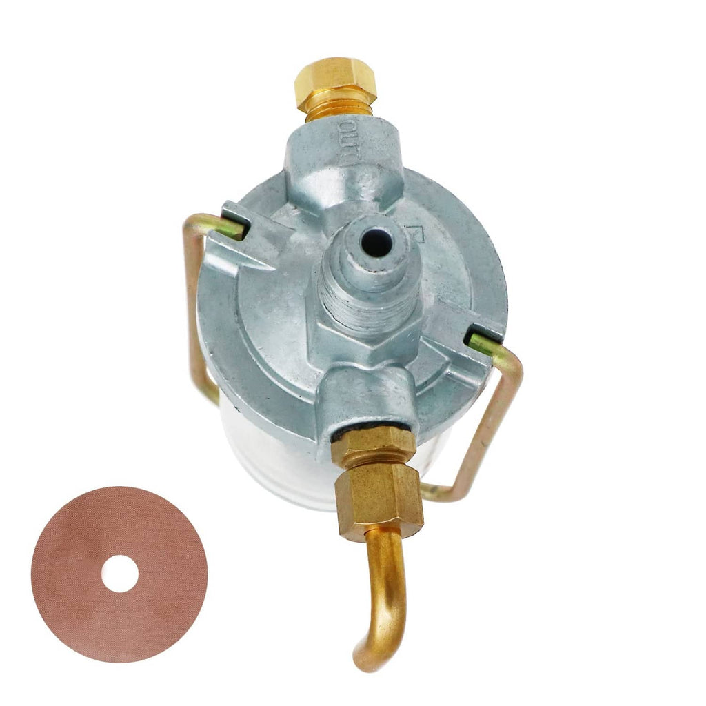 Fuel sediment bowl assembly underside view with brass fitting outlet and metal cap