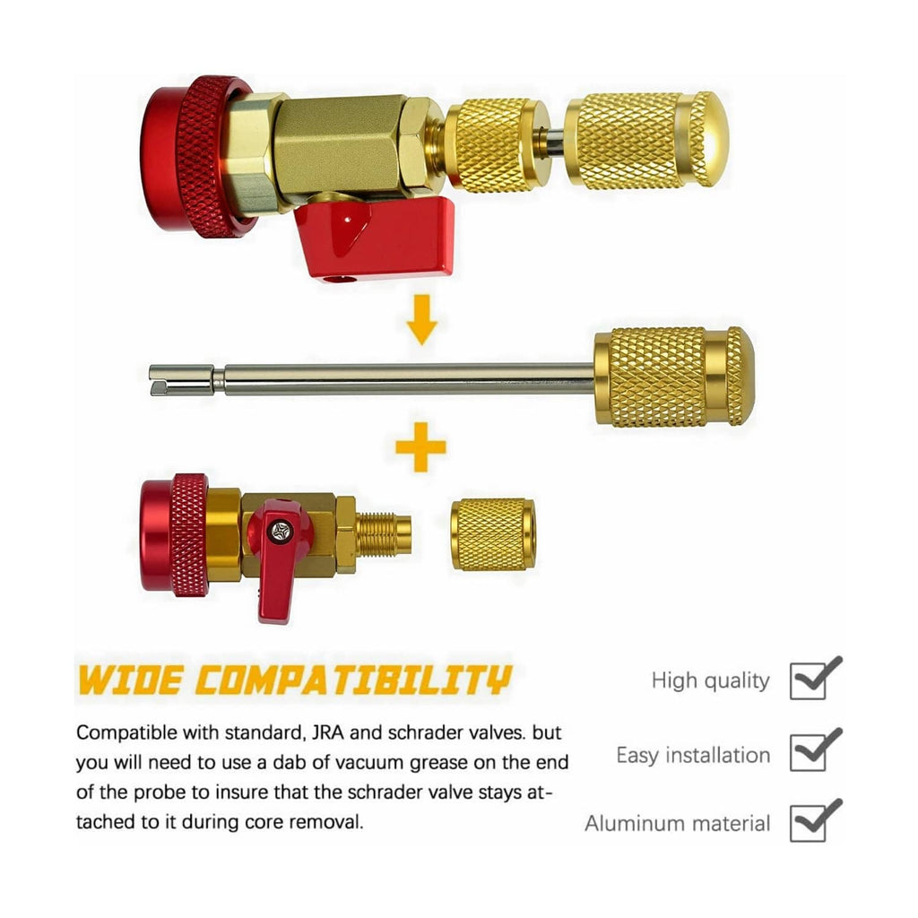 Brass valve core remover installer tool with red and blue connectors and knurled grip