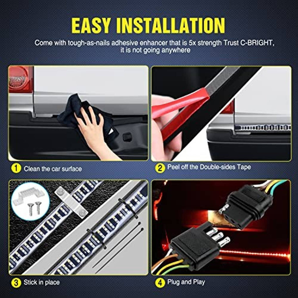 LED tailgate light strip with adhesive tape and plug-and-play wiring for mounting